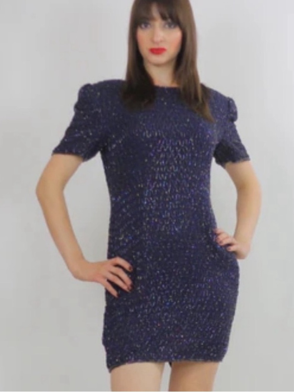 Vintage 100% Silk Navy Blue Sparkly Sequence Cocktail Dress.